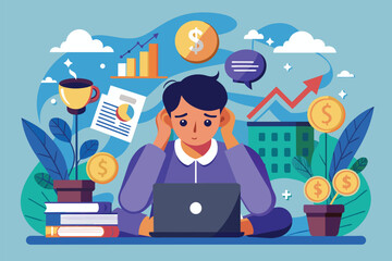 Wall Mural - A man is seated in front of a laptop computer, focusing on work, Money stress Customizable Semi Flat Illustration