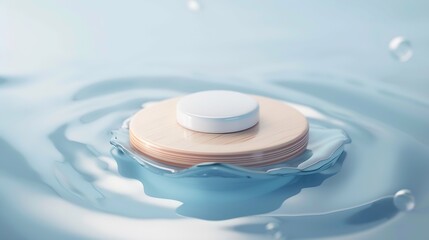 Poster - Beauty cosmetics product presentation scene made with wooden pedestal floating blue water Top view backdrop : Generative AI