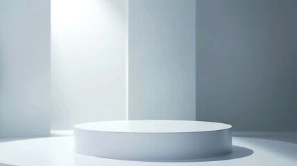 Poster - White abstract empty corner blank table studio shot empty table white podium with spotlight and bright minimal background plaster bright white and gray wall and white table stage backg : Generative AI