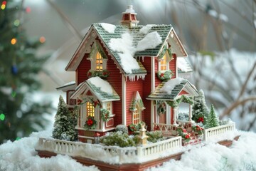 Sticker - Enchanted handcrafted miniature snowcovered house. Perfect for holiday decor and festive christmas celebration. With warm inviting red lights and detailed snowy wintertime scenery