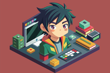 Canvas Print - A person sitting at a desk, using a computer, Otaku Customizable Isometric Illustration