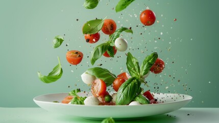 Wall Mural - A plate of food with a lot of tomatoes and basil