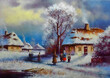 Watercolor paintings rural landscape, fine art, artwork, winter landscape with houses