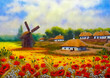 Watercolor paintings rural landscape, fine art, artwork, windmill in the country