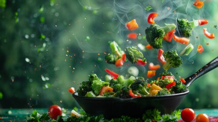 Wall Mural - A pan of vegetables is being tossed in the air