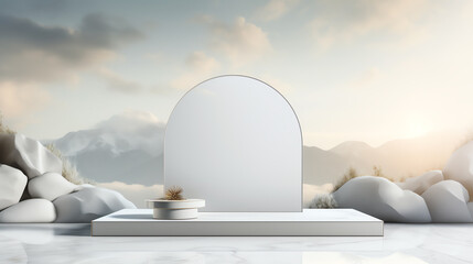 Showcase product podium in a serene heaven top view emphasizing peaceful elegance Technology tone, Monochromatic Color Scheme