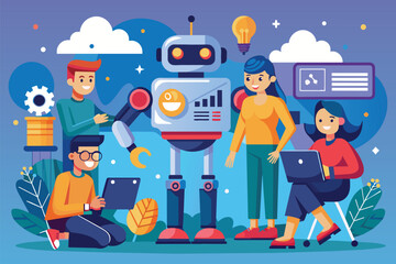 Poster - A group of diverse individuals stand attentively around a robot, observing its functions and design, People using robots Customizable Disproportionate Illustration