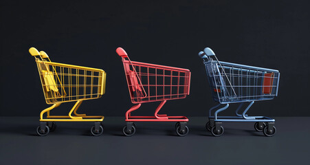 Different colored shopping carts isolated on a dark background with copy space for text