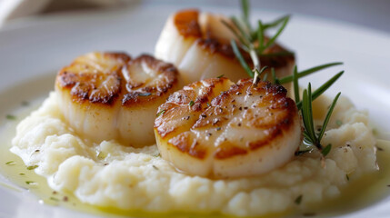 Wall Mural - Seared scallops on a bed of creamy mashed potatoes, elegantly garnished with fresh rosemary for a perfect meal