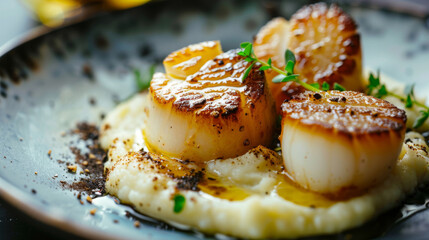 Wall Mural - Perfectly seared scallops served on a smooth, savory puree, garnished with fresh herbs, showcasing high-end culinary art on a dark plate