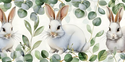 Wall Mural - Watercolor pattern featuring adorable white rabbits, leaves, and eucalyptus flowers, hand-drawn. Concept Watercolor pattern, White rabbits, Leaves, Eucalyptus flowers, Hand-drawn