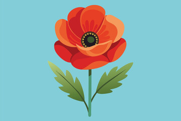 Sticker - A vibrant red poppy flower stands out against green leaves on a blue background, Poppy flower Customizable Flat Illustration