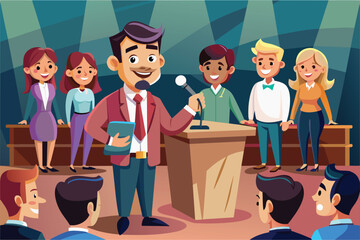 Wall Mural - A man stands at a podium, addressing a crowd of people in a public talk, Public talk Customizable Cartoon Illustration