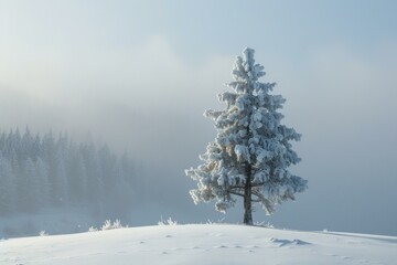 Poster - Solitary pine tree covered in snow stands out in a tranquil, misty winter landscape