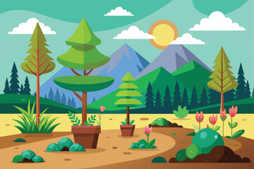 Wall Mural - A landscape featuring various trees, plants, and mountains in the background, Reforestation Customizable Semi Flat Illustration