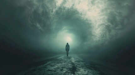 Wall Mural - A person is walking down a road in a dark, foggy environment