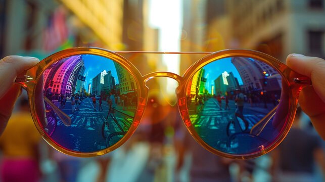 A pair of sunglasses with rainbow mirrored lenses reflecting a bustling city street filled with people celebrating diversity against a sunny yellow background.