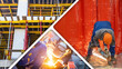 Construction works. Worker with grinder. Welders at construction site. Preparation metal supports for erection of high-rise building. Several builders at work. Fragment of building under construction