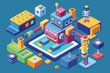 Wall Mural - A robot figurine stands on top of a tablet in this customizable isometric illustration, Robotics Customizable Isometric Illustration