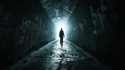 Wall Mural - A man is walking down a dark tunnel