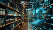 © M - A modern digital library merges traditional bookshelves with interactive holographic technology, showcasing the future of learning and information. Futuristic Digital Library with Interactive Hologra