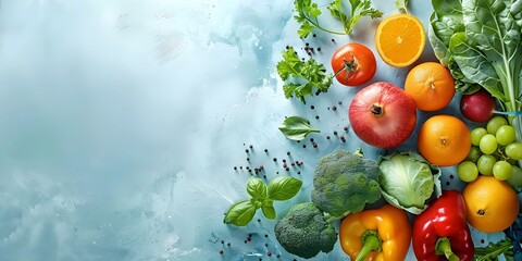 Wall Mural - Fresh fruits and vegetables displayed on a white background. Concept Food photography, Fresh market produce, White background display