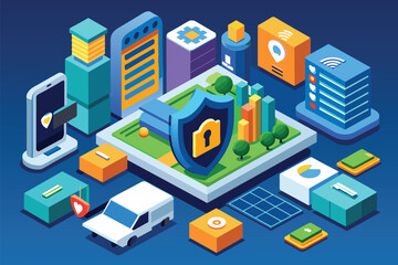 Wall Mural - A flat 3D illustration showing a smart phone with a shield on top for added security, Security Customizable Isometric Illustration