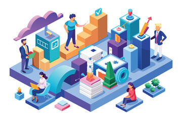 Poster - A diverse group of individuals standing around a large stack of money, engaged in discussion and negotiation, Strategic consulting Customizable Isometric Illustration