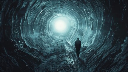 Wall Mural - A man is walking through a dark tunnel with a light shining through