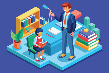 Canvas Print - A man and a woman standing together in front of a desk, Teacher student Customizable Isometric Illustration