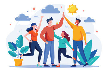 Poster - Various individuals of different backgrounds and ages standing next to each other, Teamwork high five Customizable Semi Flat Illustration