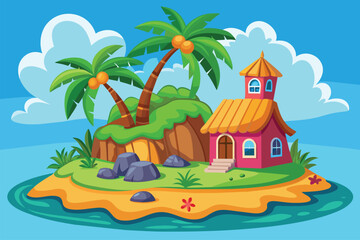 Wall Mural - A small tropical island featuring a house surrounded by palm trees, Tropical island Customizable Cartoon Illustration