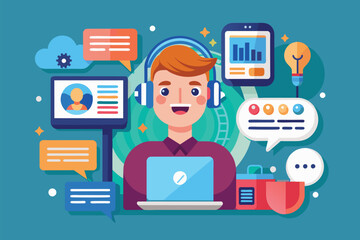 Wall Mural - A man is seated in front of a laptop, wearing headphones and working on the computer, Voice chat Customizable Flat Illustration