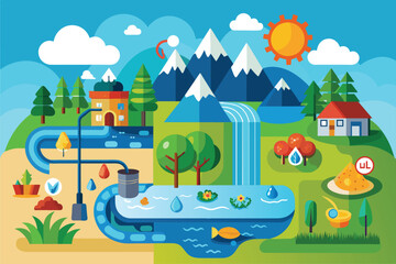 Poster - Mountain in the background overlooks a water source in this scenic view, Water cycle Customizable Cartoon Illustration