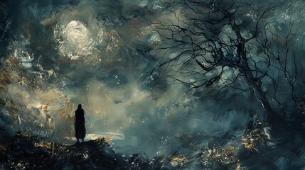 Wall Mural - A man is walking on a path in the woods at night