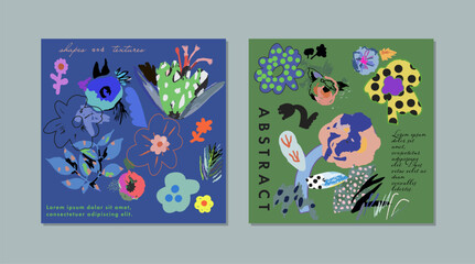 Wall Mural - Collection of creative universal floral  artistic cards. Hand Drawn textures. . Vector