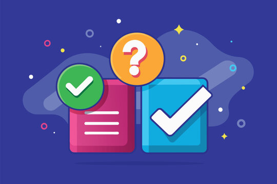 A blue background with a check mark and a question mark, Yes or no Customizable Flat Illustration