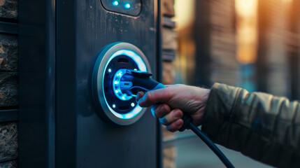 Close-up of a hand connecting an ev charger, illuminated by a blue glow