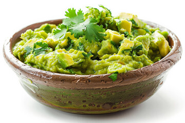 Wall Mural - Bowl of fresh guacamole, vibrant green with visible chunks of avocado, isolated on white 