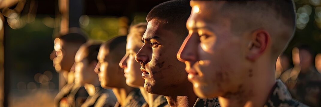 Boot camp and basic training military concept with male recruits standing at attention