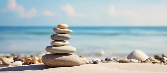 A zen symbol in the form of a pyramid of stones resting on sandy ground representing harmony and balance The image also includes the serene backdrop of the ocean with a closeup of a tower of sea pebb