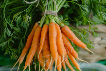 Wall Mural - Close-up of carrots in a bunch, tied with twine, emphasizing the natural and fresh harvest theme 