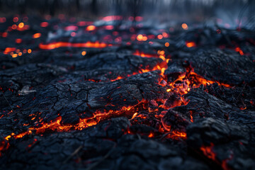 Close-up of smoldering embers in a burned-out field, glowing red and orange amidst blackened earth 