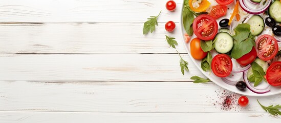 Wall Mural - Top view copy space image of a healthy vegetarian meal featuring a fresh vegetable salad composed of tomatoes lettuce onion and cheese beautifully presented on a white wooden background