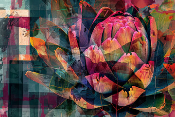 Poster - Digital abstract art featuring fragmented artichoke images, modern collage style with vibrant colors 