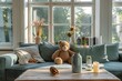 A cute teddy bear sitting on the green sofa in an elegant living room