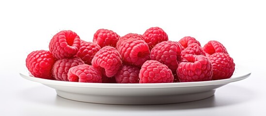 Wall Mural - A close up image of ripe raspberry berries arranged on a white plate creating a blank space for text or other elements. Copyspace image