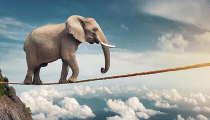 Elephant balancing on tightrope - Life balance, stability concept