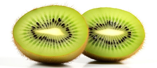 Highly detailed close up macro concept of a whole organic kiwi showcasing its freshness and juiciness The kiwi with its sweet and sour taste is packed with vitamin C and antioxidants The white isolat