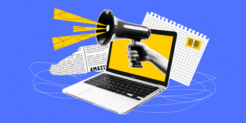 Wall Mural - trendy halftone collage with a laptop and a hand holding a loudspeaker. torn newspaper, paper and sc